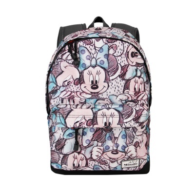 mochila com padrão da Minnie Mouse rosa e azul com bolso frontal e alças pretas