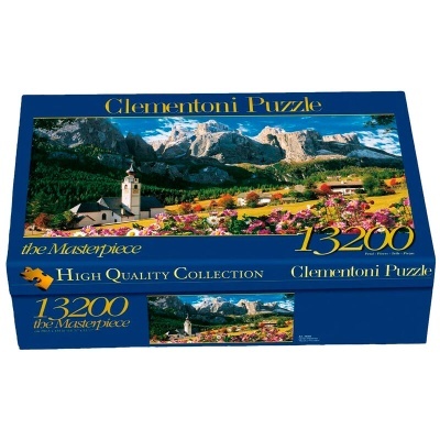 Caixa azul de puzzle Clementoni com imagem de paisagem e texto 13200 peças