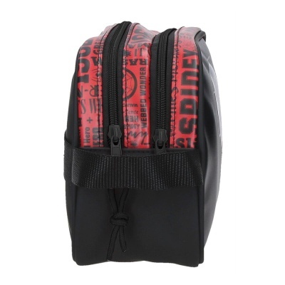 necessaire preta e vermelha com zíperes e texto Spidey