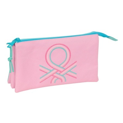 Estojo escolar cor-de-rosa com padrão de fita entrelaçada e fecho azul turquesa