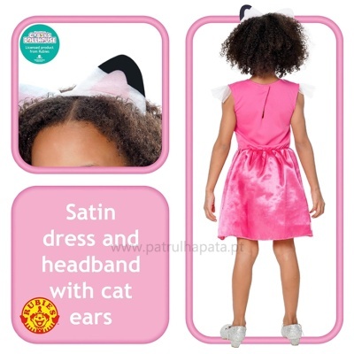 Vestido rosa cetim e faixa de cabeça com orelhas de gato