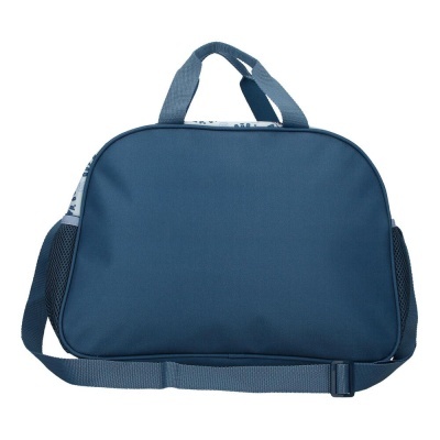 Mala azul escuro com alças e bolsos laterais em rede preta.
