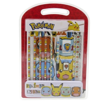 Conjunto escolar Pokémon com lápis, borracha, apontador e régua coloridos e embalagem vermelha e branca