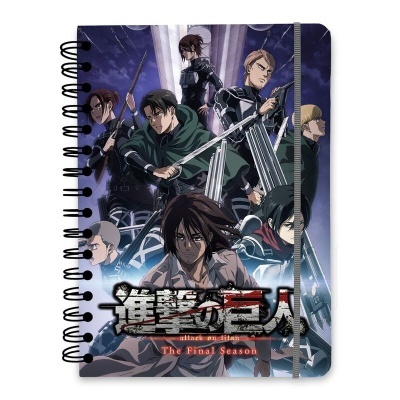 Caderno espiral com capa ilustrada de personagens de Attack on Titan e texto The Final Season