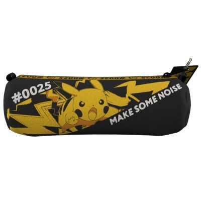 Estojo cilíndrico preto com imagem do Pikachu amarelo e texto branco