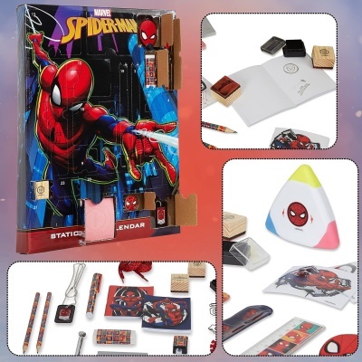 Calendário de advento Marvel Spider-Man com acessórios e lápis temáticos.