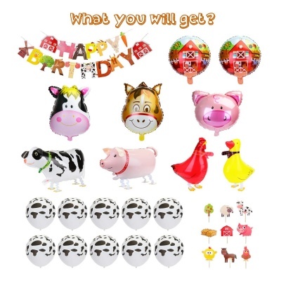 Balões de festa com tema de animais da quinta em várias formas e cores, fundo branco