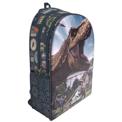 Mochila azul escuro com estampa de dinossauros e logótipos Jurassic World
