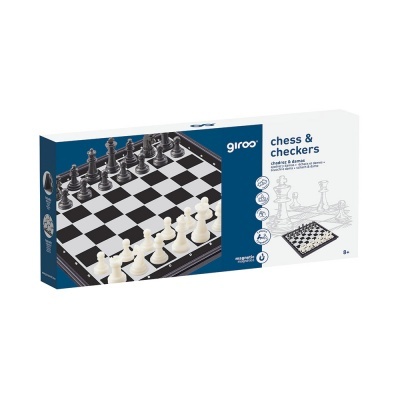 Caixa do jogo de tabuleiro chess & checkers da giroo com peças de xadrez em preto e branco