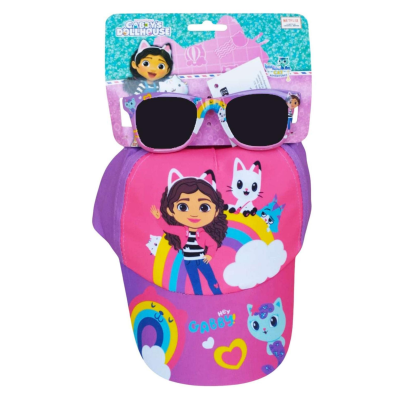 Boné rosa e roxo com desenhos infantis e óculos de sol coloridos