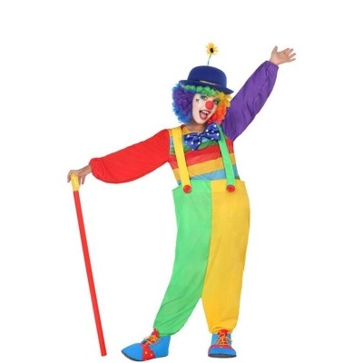 Fato de palhaço colorido com acessórios variados e bastão vermelho