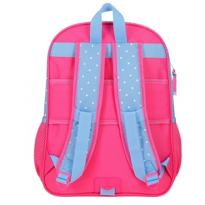Mochila rosa com alças almofadadas azuis e padrão de bolinhas