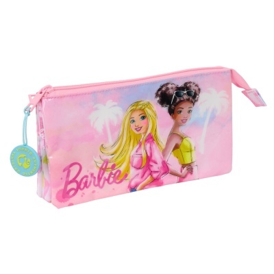 Estojo escolar cor-de-rosa com imagem de duas personagens Barbie e texto Barbie.