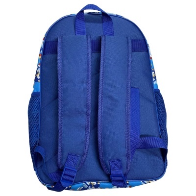 Mochila infantil azul vista traseira com alças acolchoadas e bolsos de rede.