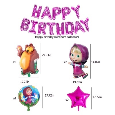 Balões metálicos de aniversário com letras e personagens de desenho animado coloridos.