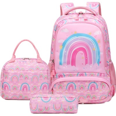 Conjunto rosa de mochila, lancheira e estojo com padrão de arco-íris colorido