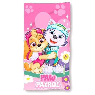 Toalha rosa infantil com personagens Paw Patrol e texto PAW PATROL.