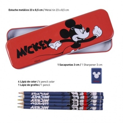 Estojo metálico vermelho com Mickey, lápis azuis, lápis de grafite e afiador azul