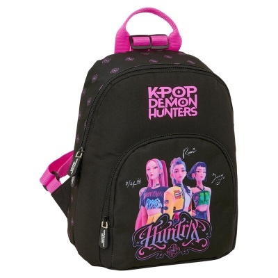 Mochila preta com alças rosa e personagens de KPOP Demon Hunters