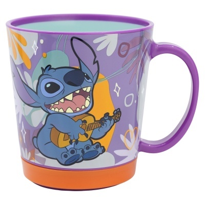 Caneca de cerâmica roxa com ilustração do Stitch a tocar ukulele