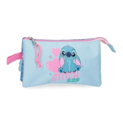Estojo azul claro com desenho do Stitch e fecho rosa