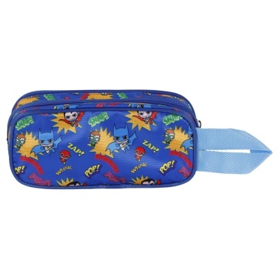 Estojo azul com personagens animados e texto colorido