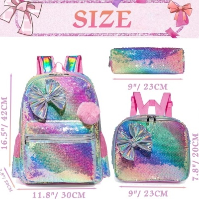 mochila, saco e estojo holográficos multicoloridos com laço e pompom rosa