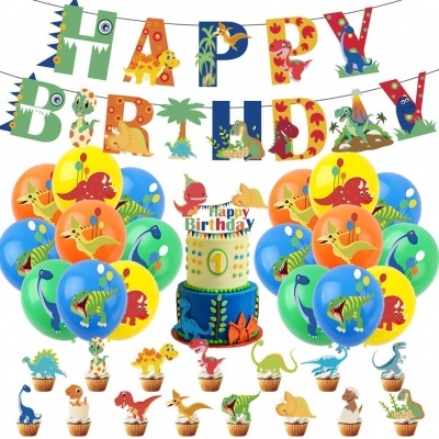 Decoração de festa de aniversário com tema de dinossauros coloridos e balões.