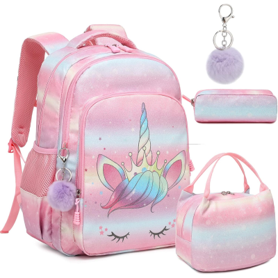 Conjunto de mochila rosa com estampa de unicórnio, estojo, bolsa térmica e chaveiro de pompom