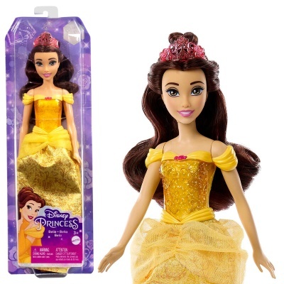 Boneca Disney Princesa Bela com vestido amarelo dourado na embalagem roxa