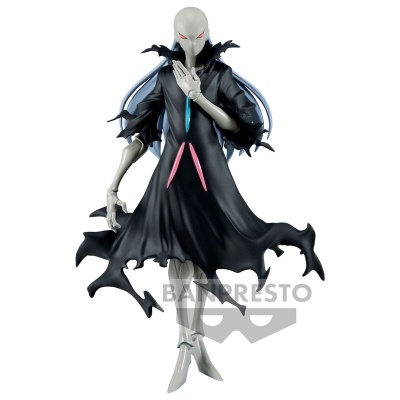 Figura colecionável Banpresto em casaco preto com detalhes azuis e rosa