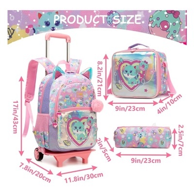 Conjunto rosa lilás com mochila com rodas, lancheira e estojo com desenhos de gatos e abelhas