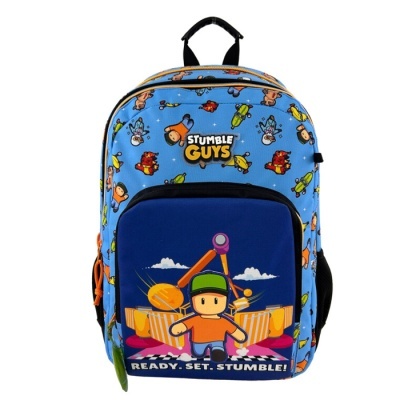 Mochila azul com personagens coloridos e texto Stumble Guys