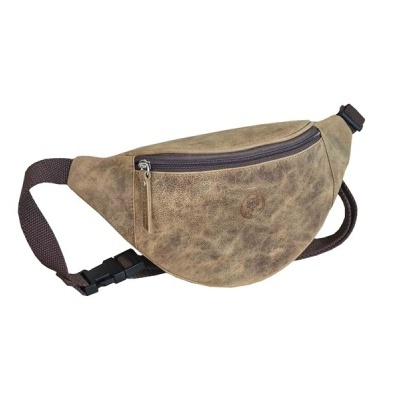 Bolsa tipo cinto em couro castanho claro com fecho zip