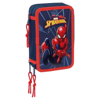 Estojo escolar Spider-Man azul e vermelho com fechos vermelhos e imagem do personagem