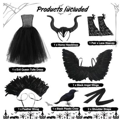 Conjunto fantasia preta com vestido, chifres, mangas rendadas, asas e acessórios.