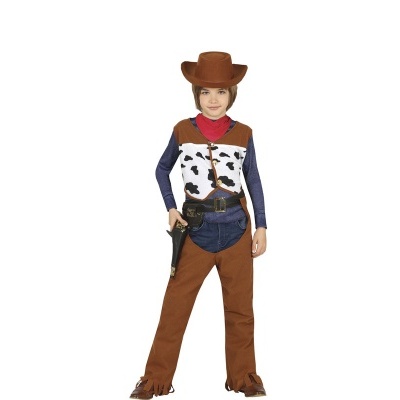 Fato infantil de cowboy com chapéu castanho, colete com padrão de vaca e lenço vermelho