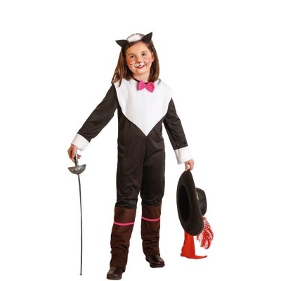 Criança com fato de gato preto e branco, laço rosa, e chapéu preto