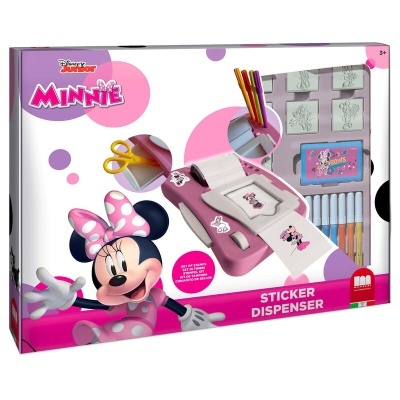 Conjunto de dispensador de autocolantes Disney Junior Minnie com marcadores coloridos em caixa