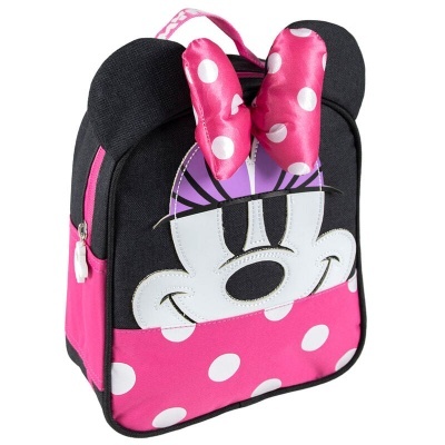 Mochila infantil rosa e preta com estampa da Minnie e orelhas no topo