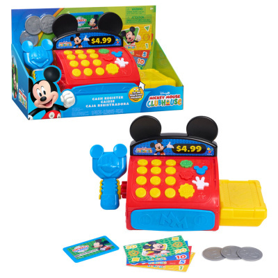 Caixa registadora de brinquedo com tema Mickey Mouse, com botões amarelos e acessórios de moedas e notas de brinquedo.