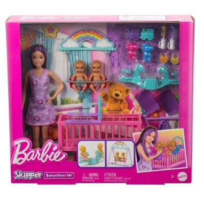 Conjunto Barbie Skipper Babysitters Inc com boneca e dois bebés em berço rosa
