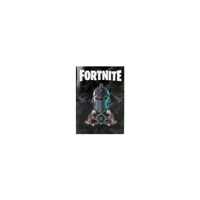 Poster preto com elmo medieval e texto FORTNITE