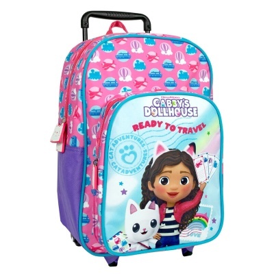 Mochila de rodinhas rosa e azul com personagens animadas e texto Gabby's Dollhouse