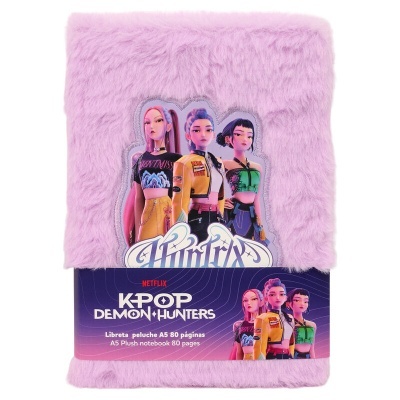 Caderno peluche cor-de-rosa Kpop Demon Hunters com personagens femininas