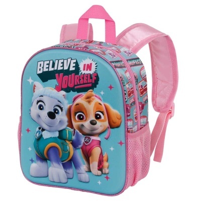 Mochila infantil rosa com personagens Paw Patrol e texto Motivacional