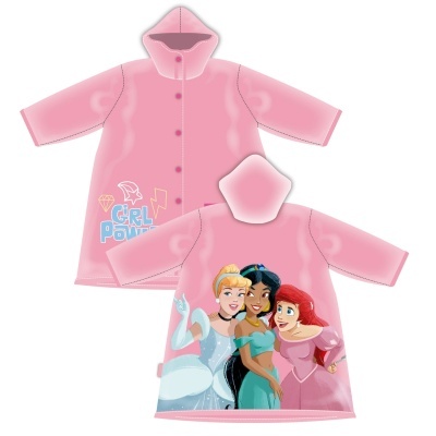 Casaco impermeável cor-de-rosa com personagens de princesas Disney e texto GRL PWR