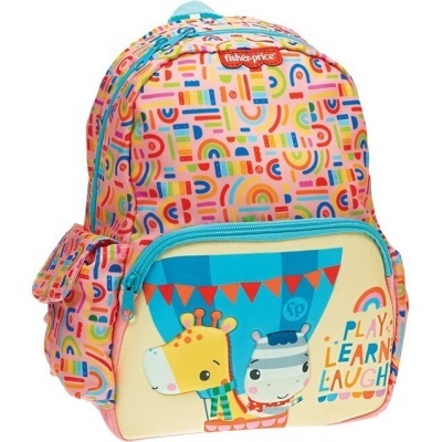 Mochila infantil colorida com padrão geométrico e arco-íris e ilustrações de girafa e zebra