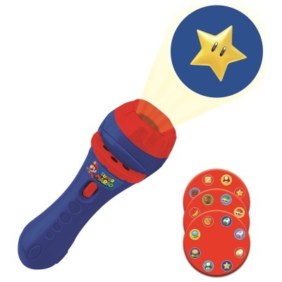 Projetor Super Mario com disco de ícones e imagem projetada de estrela amarela
