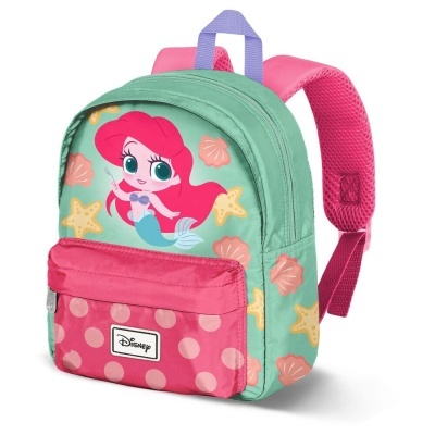mochila infantil verde com estampa da Ariel, bolso rosa com bolinhas e alças rosa